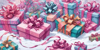 The primary subject of the image is a collection of colorful wrapped presents. The presents are placed on a snowy surface, which adds a festive and wintry atmosphere to the scene. The visual style of the image is a combination of digital art and illustration, creating a vibrant and lively appearance. The colors and mood of the image are predominantly pink and white, with the snowy background providing a contrasting and cooler tone.